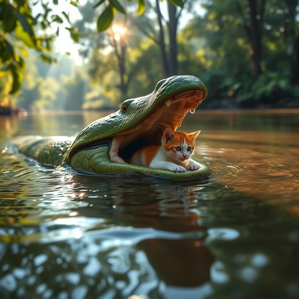 a big giant green annaconda swiming on surface delivery a ti...