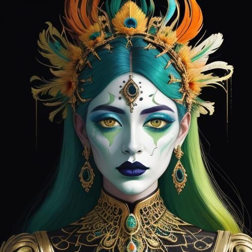 Metallic Woman with Peacock Feathers in Abstract Expressioni...