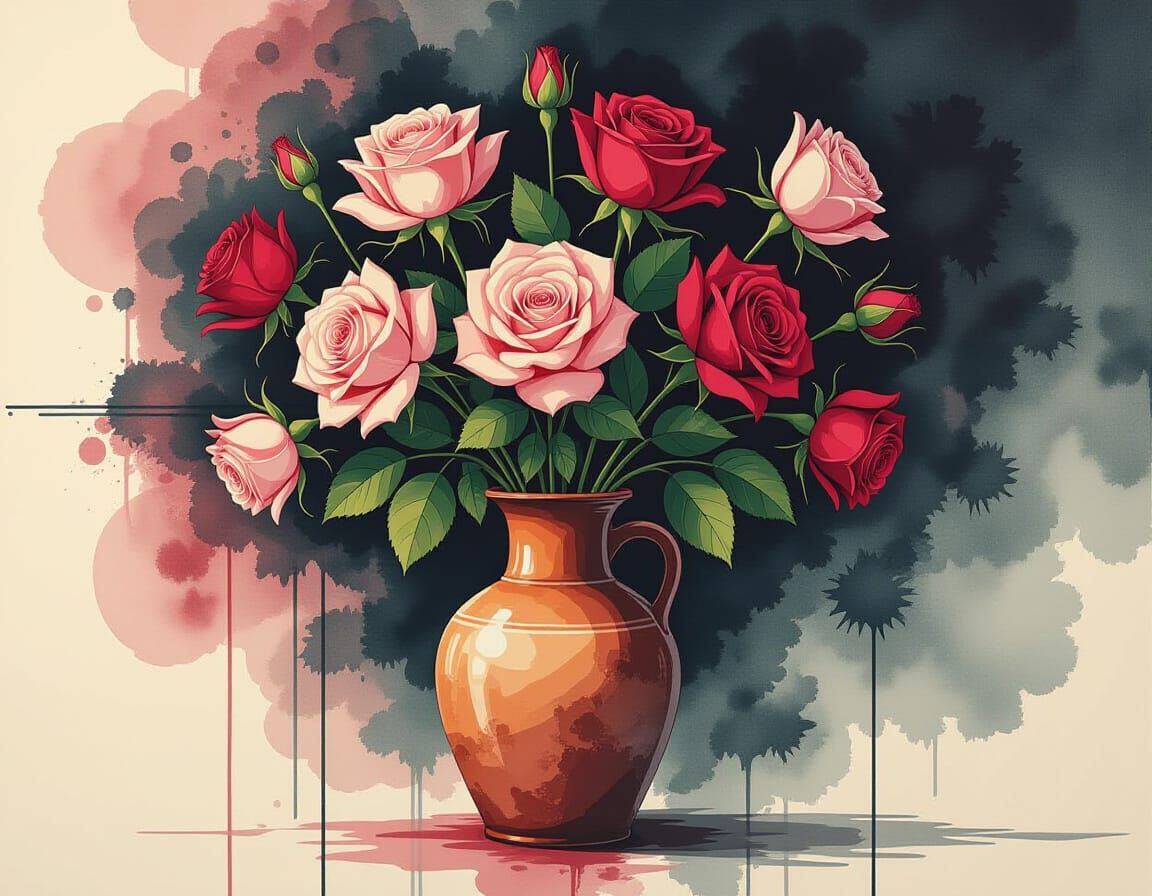 Glitchcore Roses in Vase: Avant-Garde Alcohol Ink