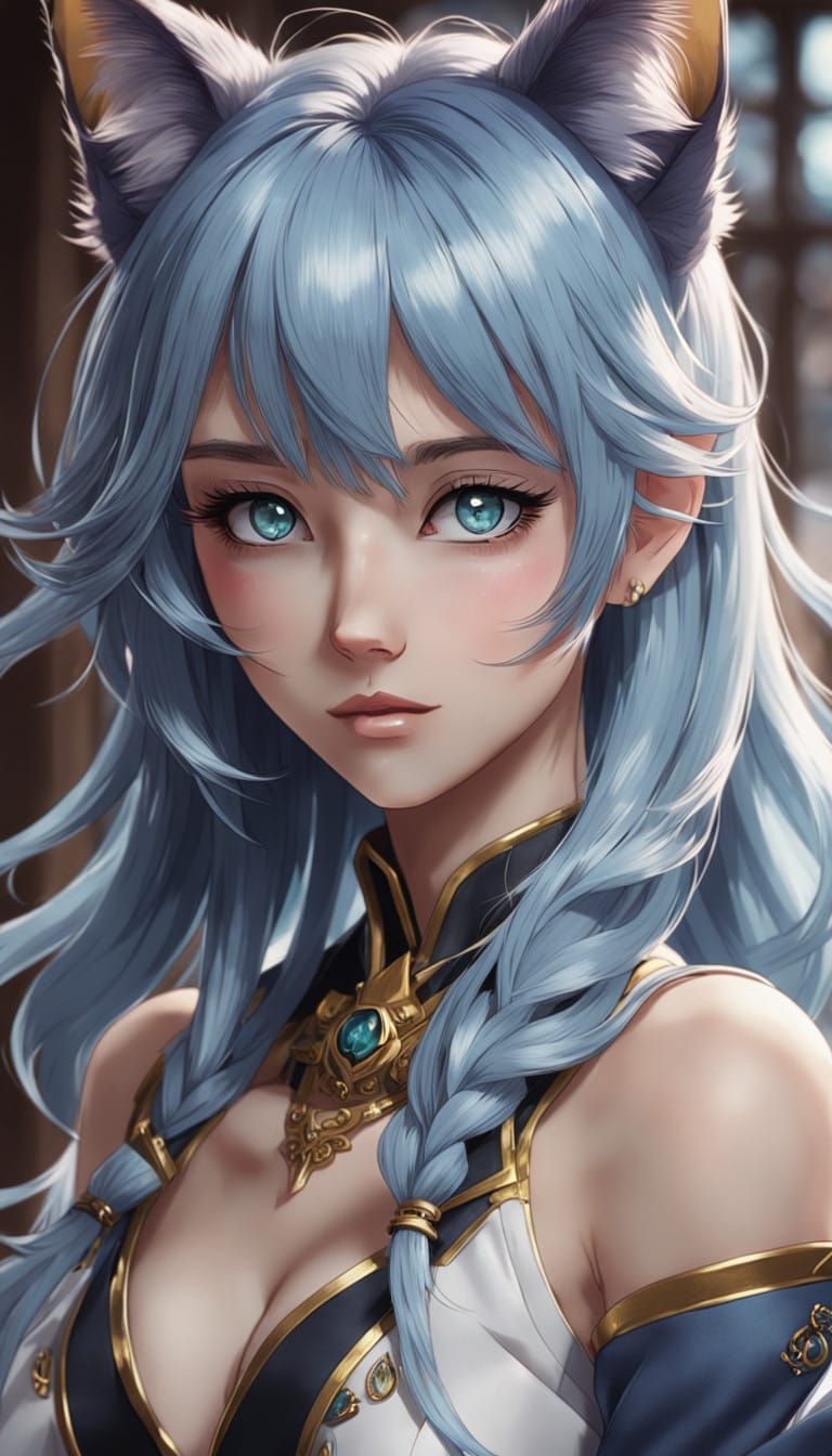 Anime Girl with Blue Eyes and Cat Ears Basks in Innocence