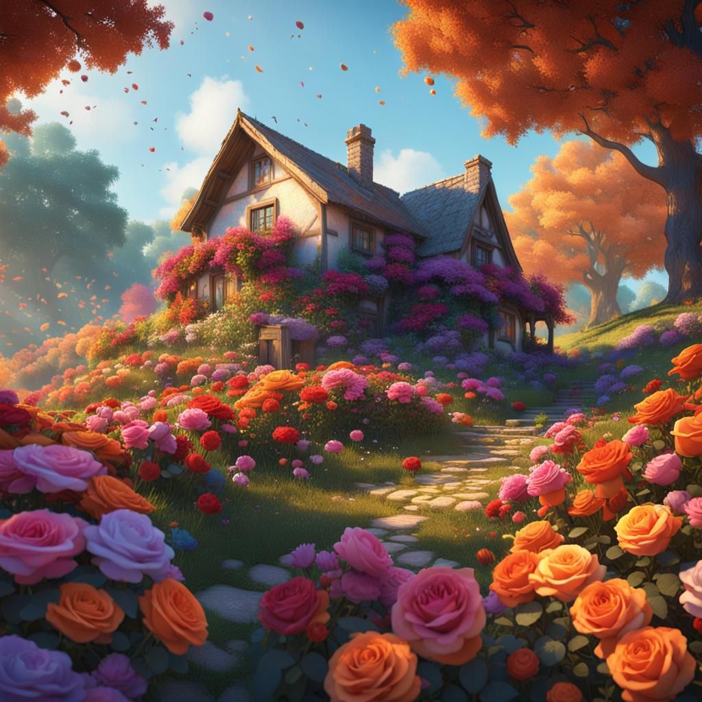 Rose Cottage on a Hill, Art Nouveau Style