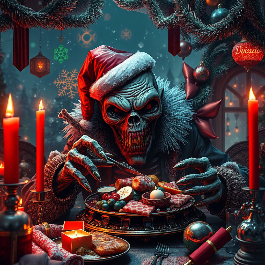 Grotesque Zombie Christmas Feast in Dark Surreal Style