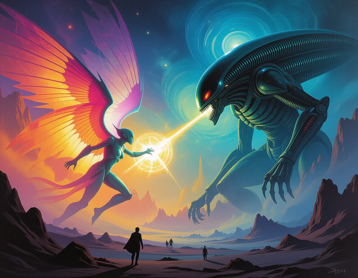 Cosmic Battle of Ethereal Creatures as Matte Painting