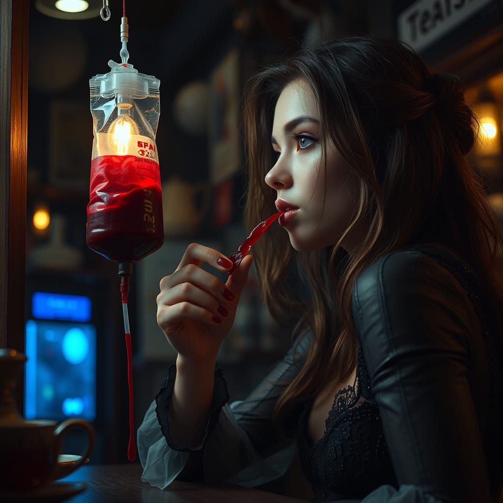 Vampire Sipping Blood in a Whimsical Tea Shop