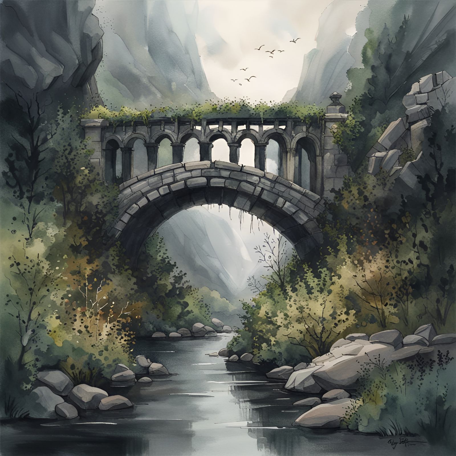 Moody Ancient Bridge in Mountains, Watercolor Style