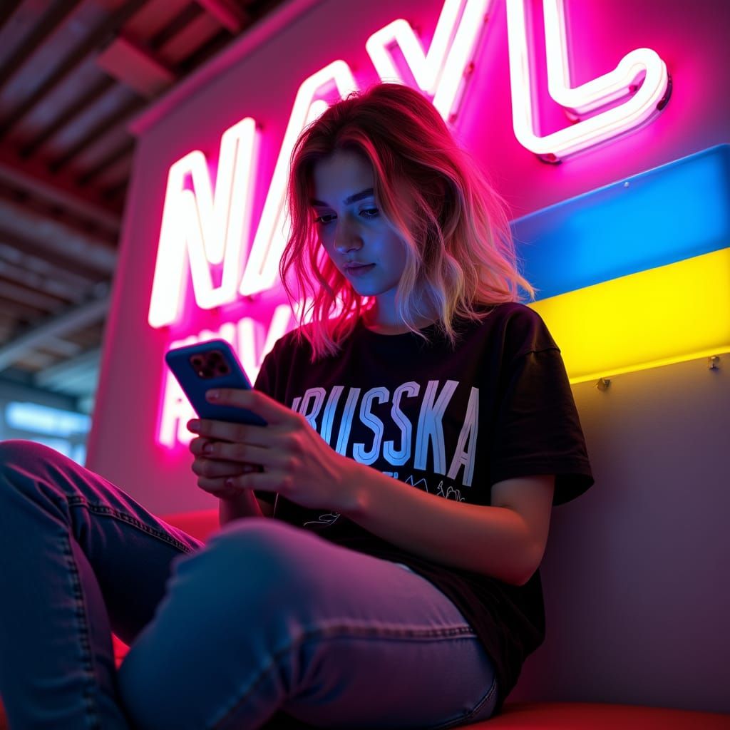 Teenage Girl Playing PUBG with Neon Ukrainian Backdrop