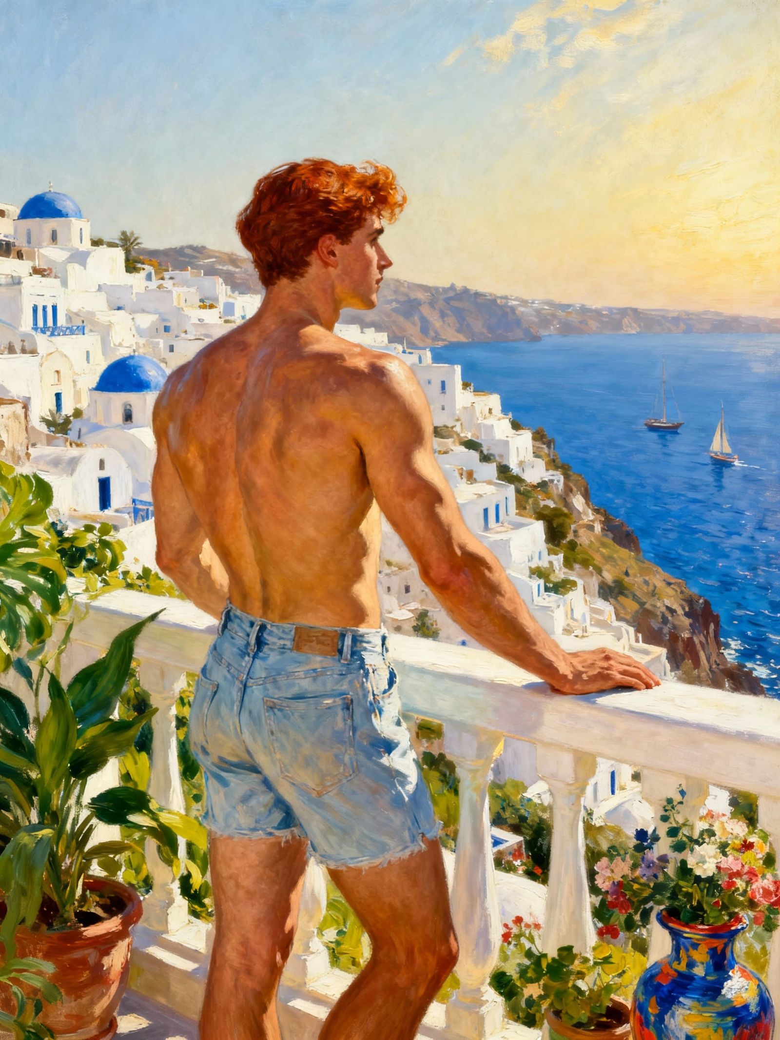 Man Gazes at Greek Island Town from Balcony