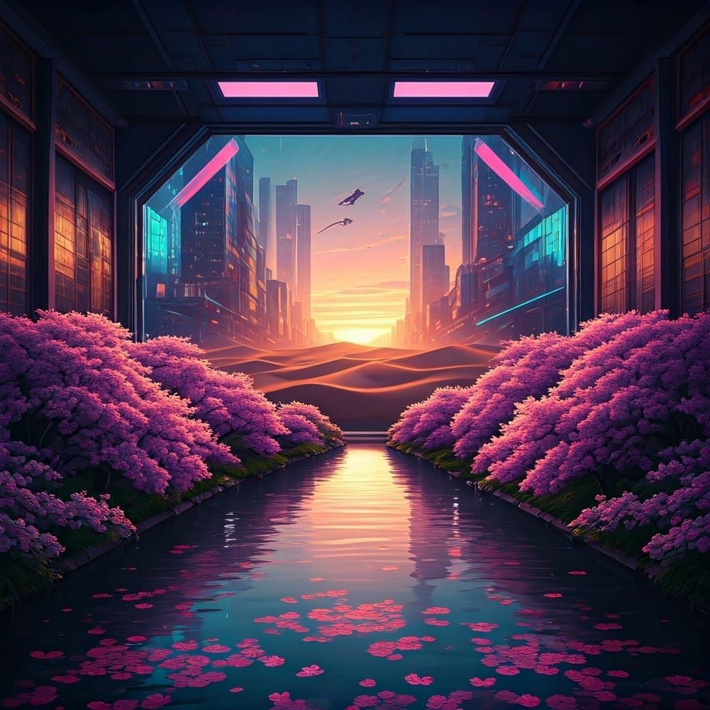 Surreal Cyberpunk Oasis with Blossoming Cherry Trees and Des...