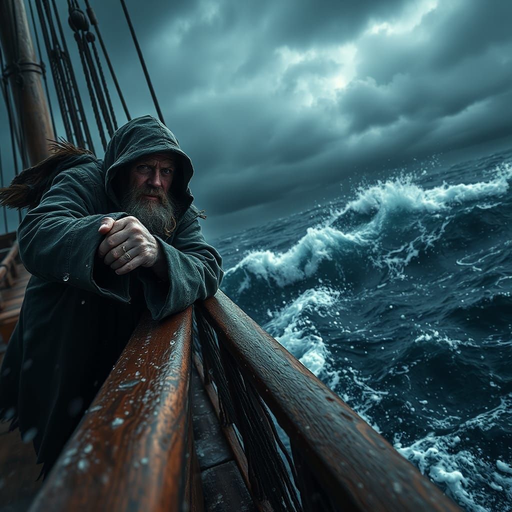 Pirate Battles Stormy Sea in Dramatic Realism