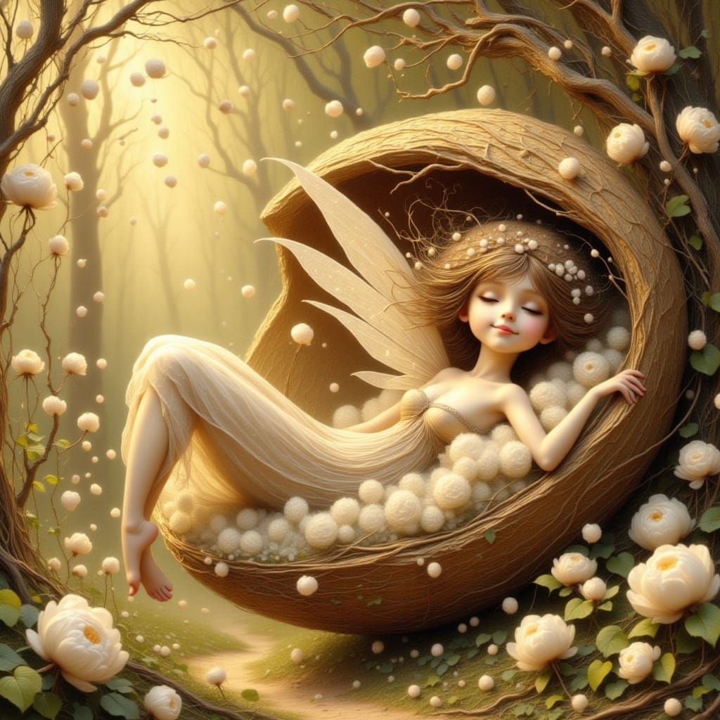 Fairy Queen Resting in Walnut Shell