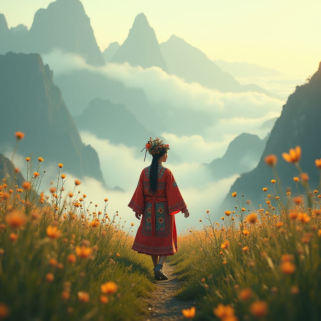 Hmong Girl Walking in Misty Field, Detailed Matte Painting