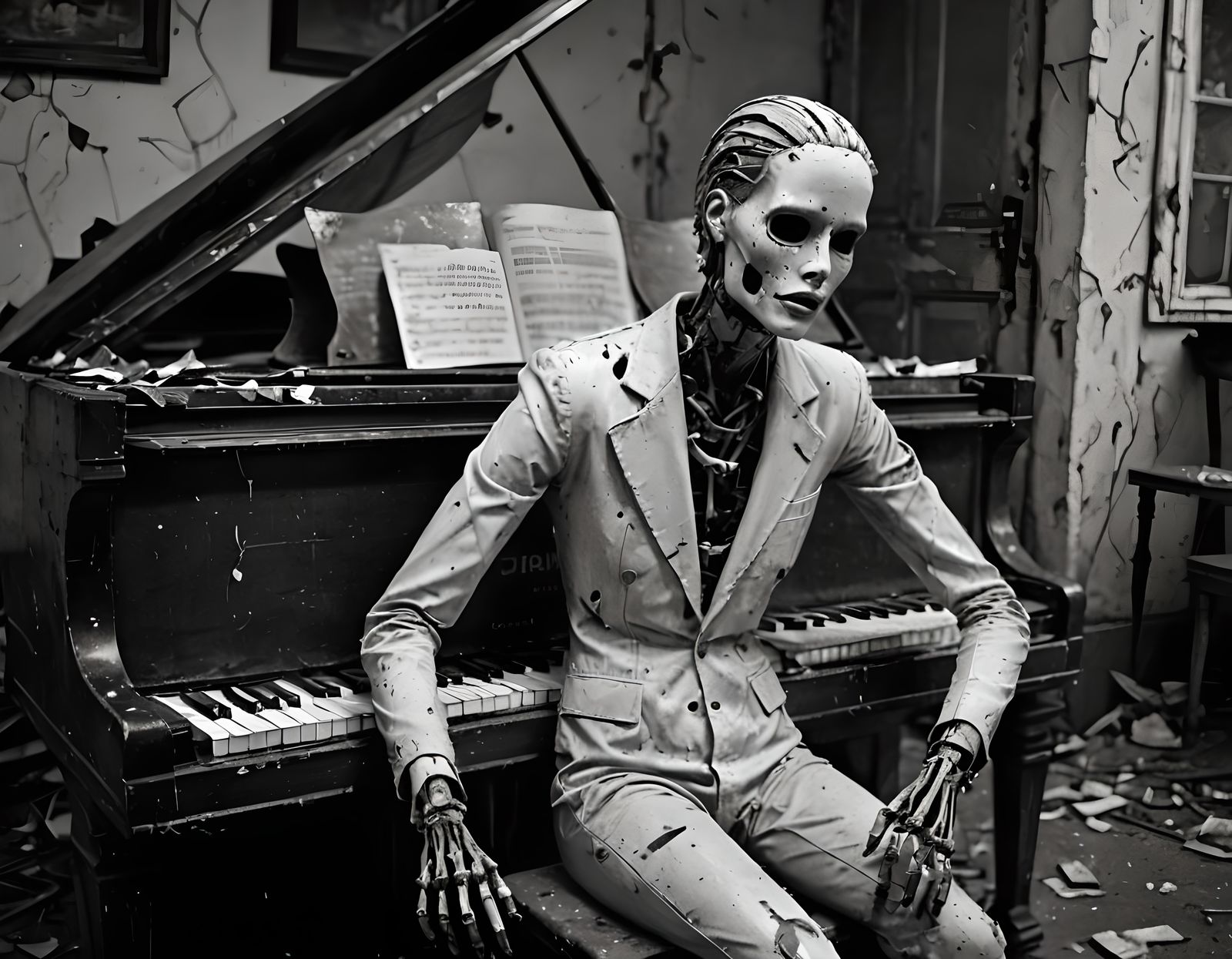 Scarred Mannequin at Dilapidated Piano: Photorealistic Black...