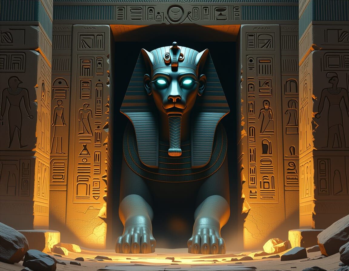 Sphinx Guards Ancient Temple Entrance in Dark Fantasy Style