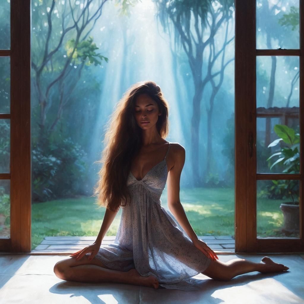 a young woman wearing a nightgown and performing a yoga move...