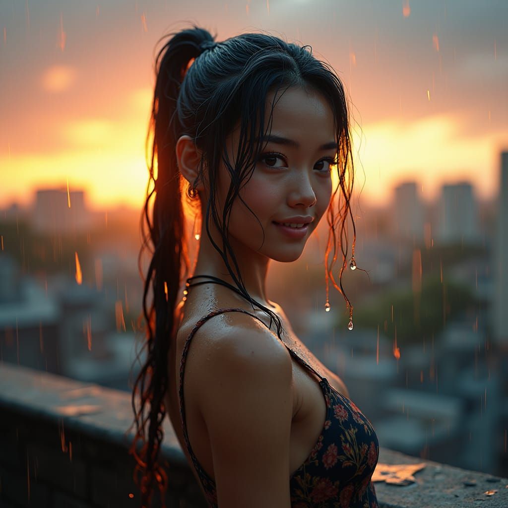 Young Woman in Rain on Rooftop, Agfacolor Style