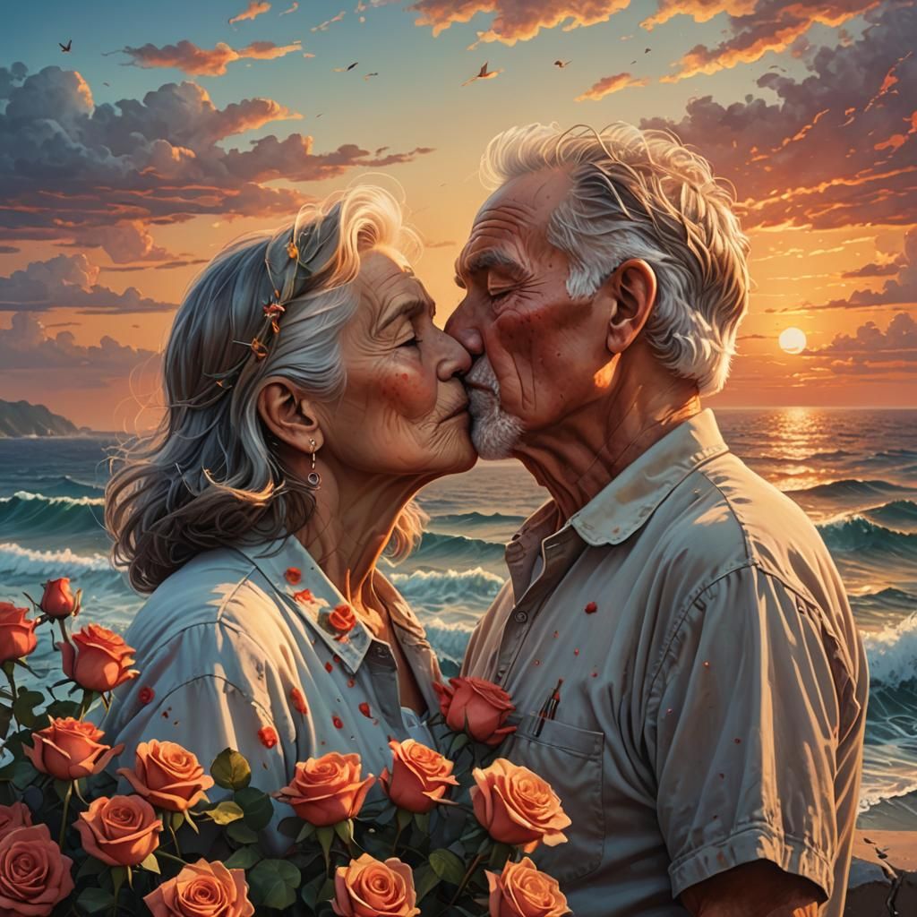 Romantic Sunset Kiss: Hyperrealistic Splash Art