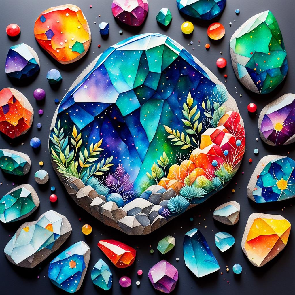 Pebbles and Gemstone Watercolor Art