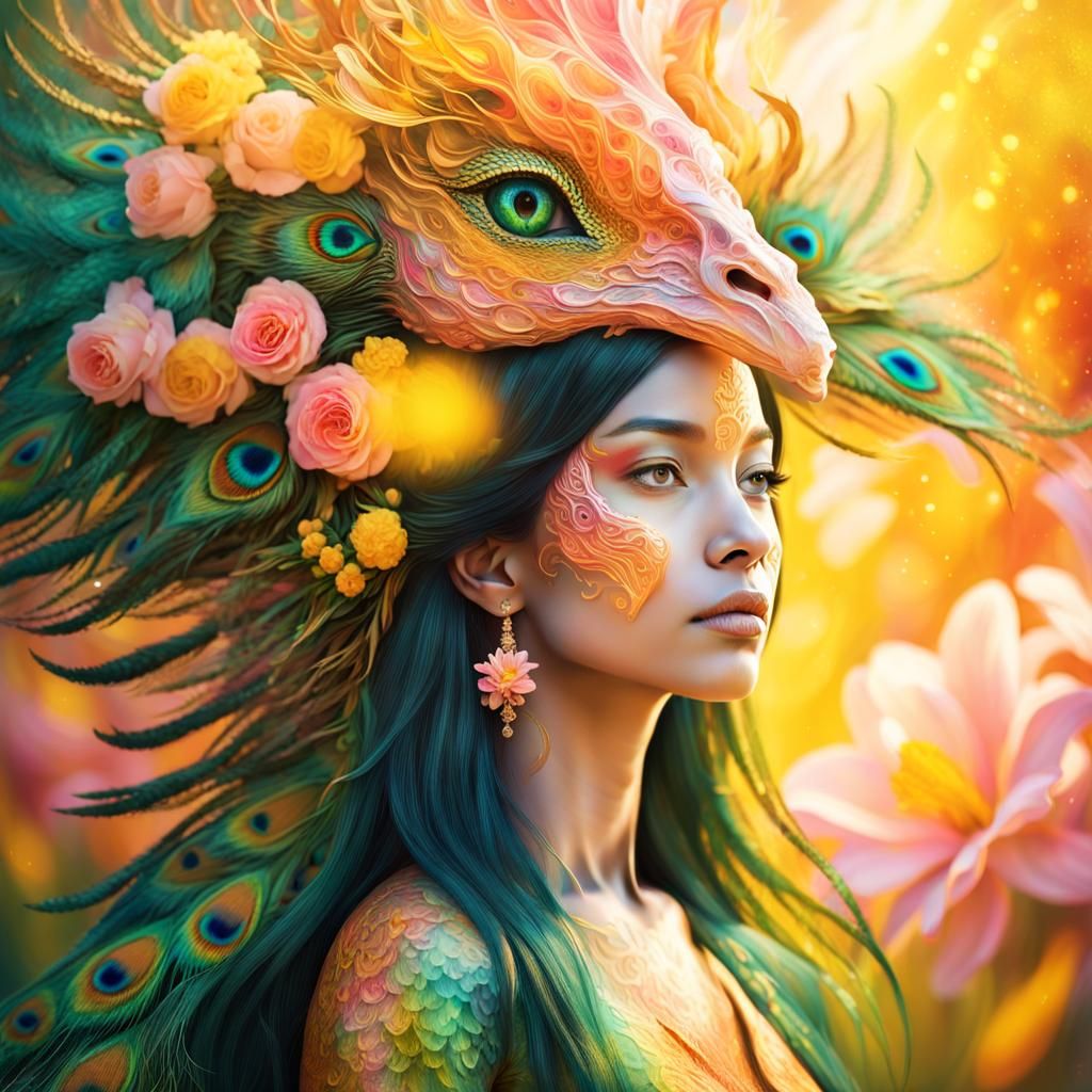 Dragon Peacock Woman in Abstract Expressionism Style