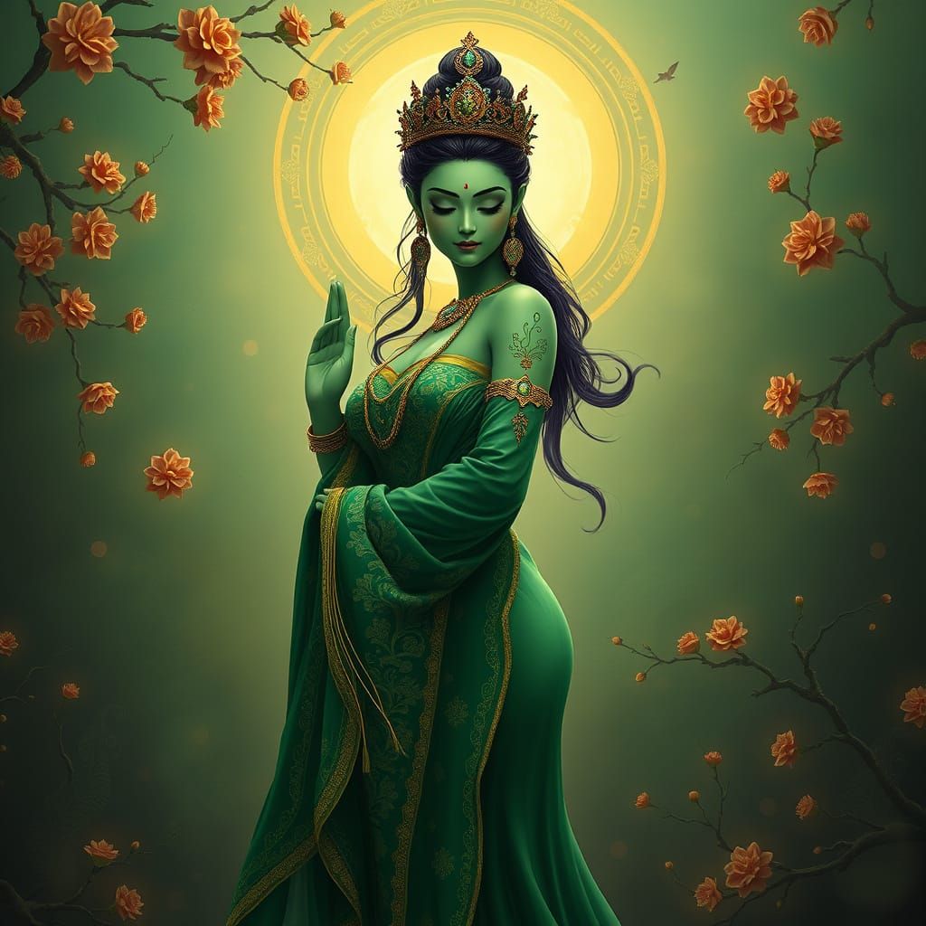 Mystical Green Goddess in Ethereal Fantasy Setting