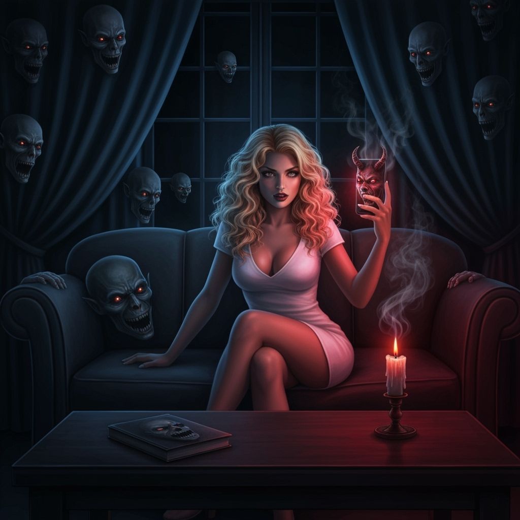 Woman in White Dress Confronts Terrifying Faces in Dark Room