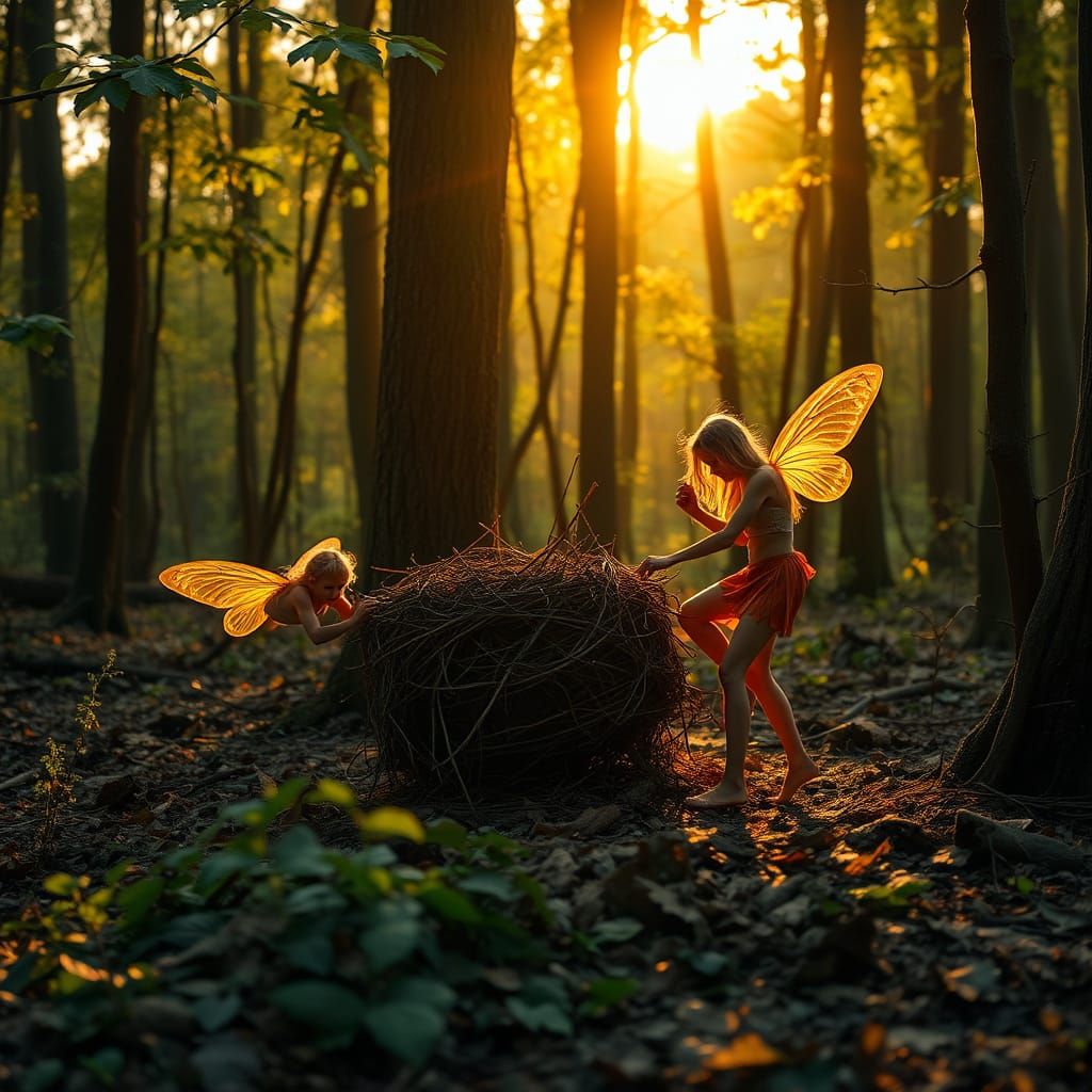 Wood Nymphs Gather a Fallen Nest Amidst a Golden Hour Forest