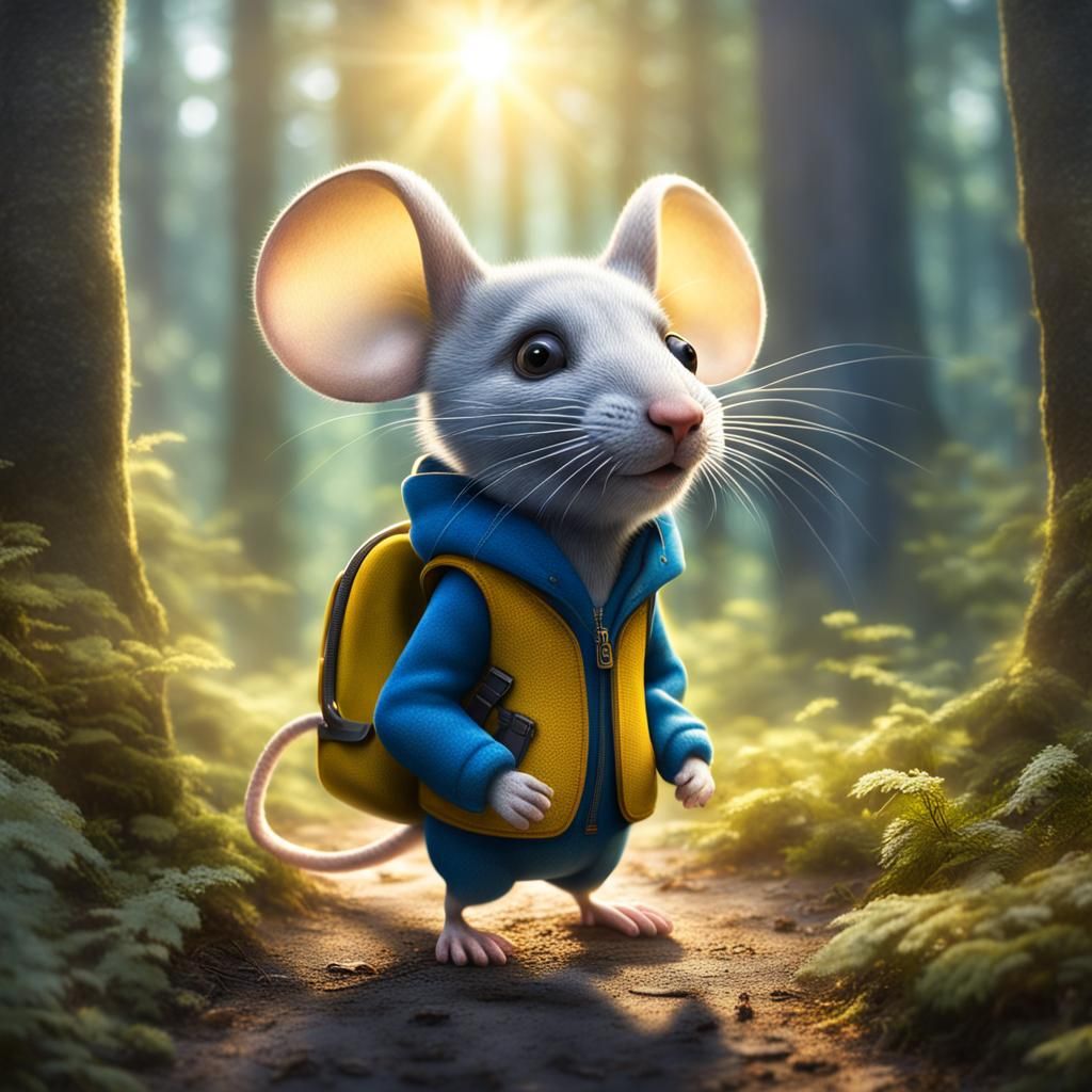 Anthropomorphic Mouse with Rucksack in Forest, HDR