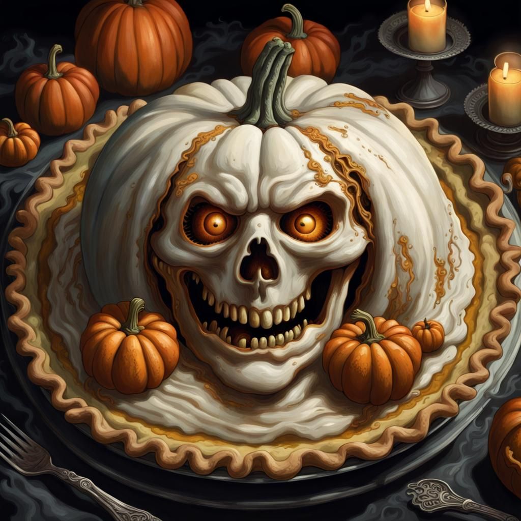 Ghostly Pumpkin Pie in Horror Engraving Style