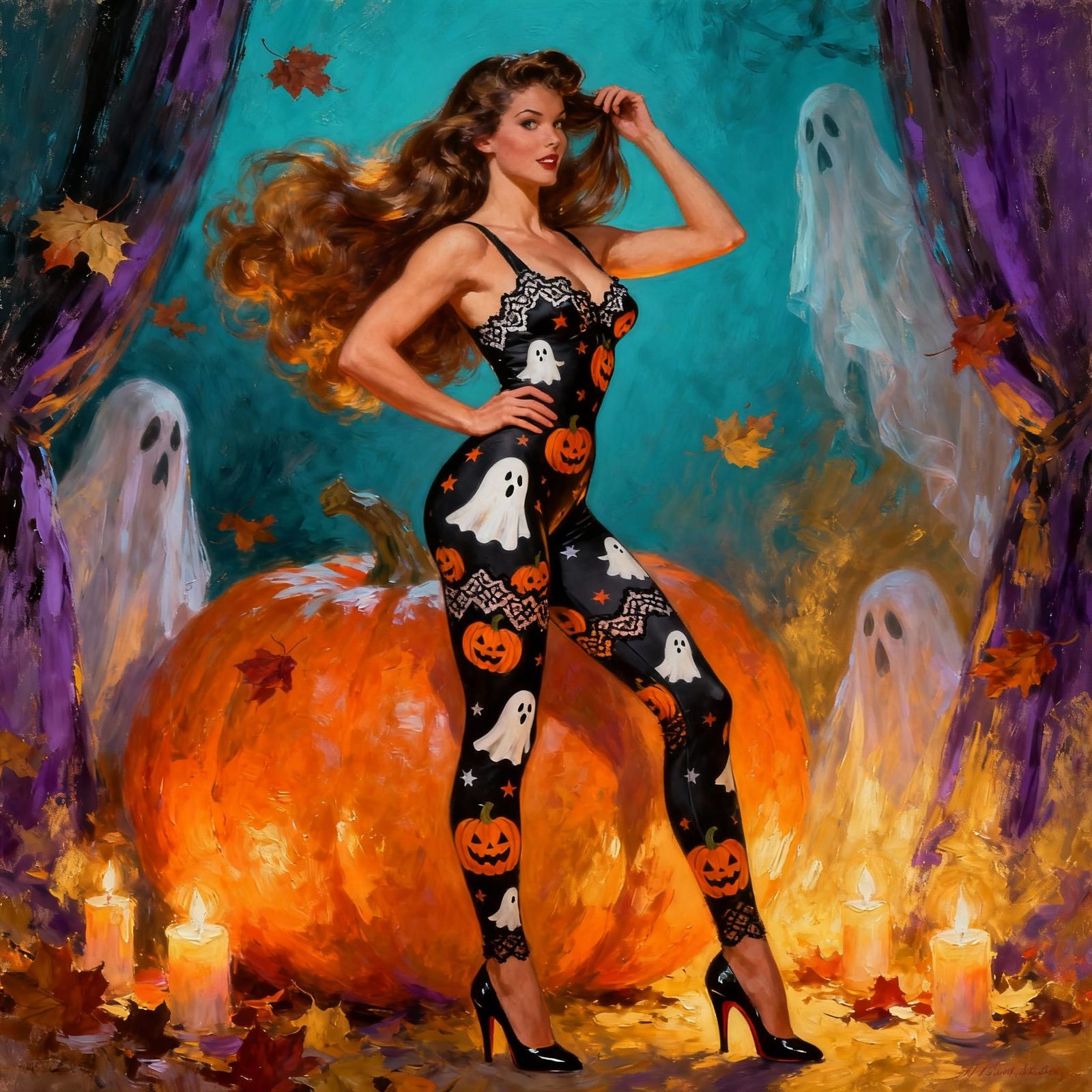 Athletic Pinup Woman in Halloween Bodysuit