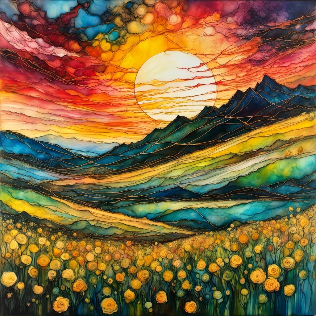 Encaustic Spring Landscape with Chaotic Sunset