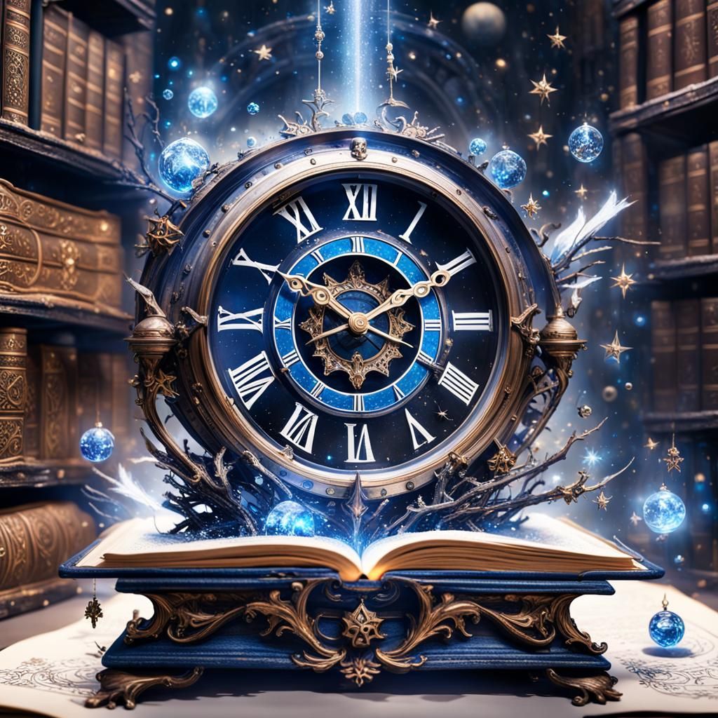 Sci-Fi Clock Emerges from Book with Stars