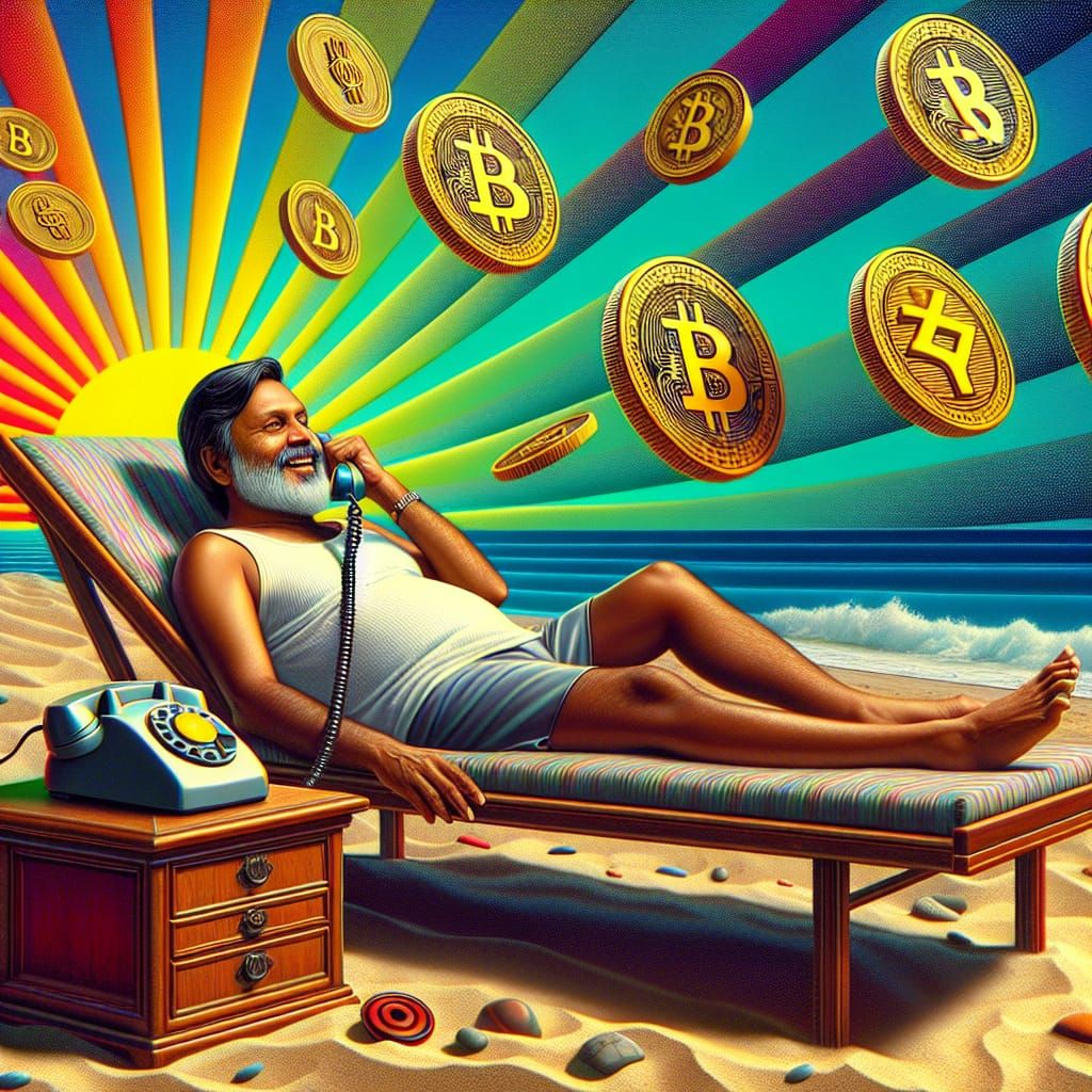 Man on Beach Bed Calling with Retro Phone