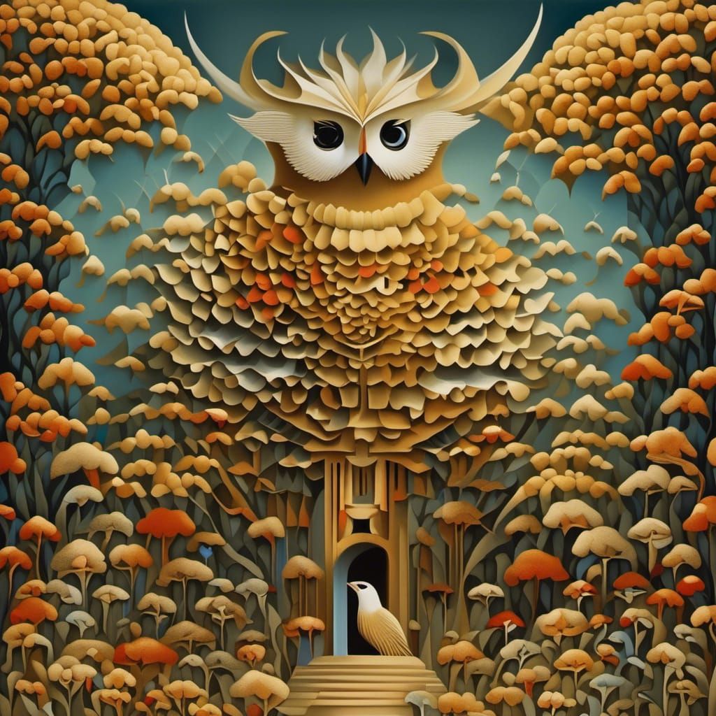 Surreal Bird Teaches Stars in Dark Landscape