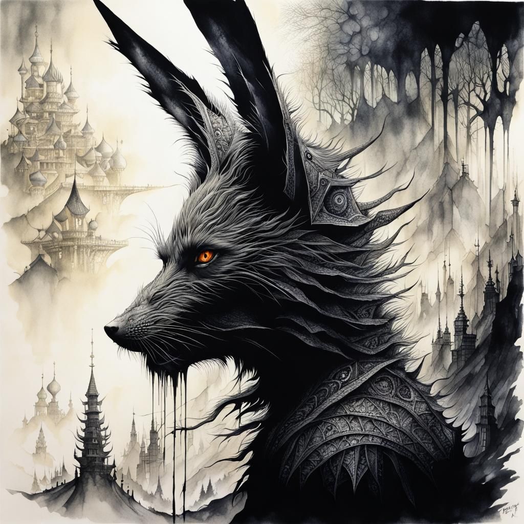 Eerie Dark Fox Creature Ink Drawing