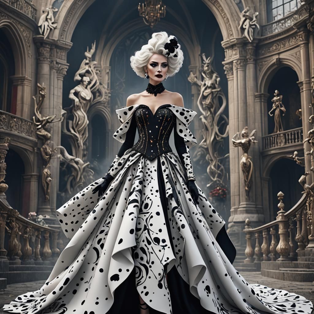 Cruella-Inspired Haute Couture Dress: Detailed Matte Paintin...
