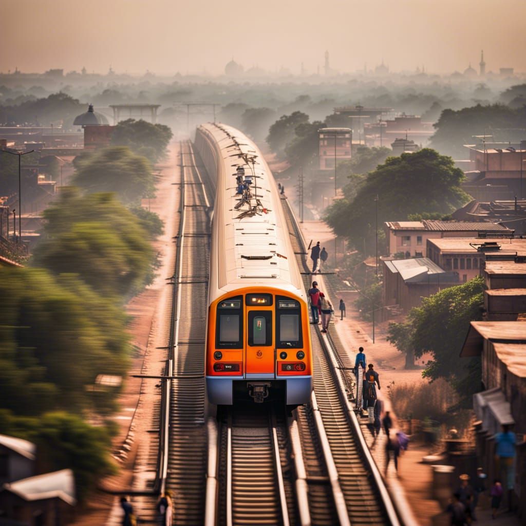 A train passes through a shanty-town