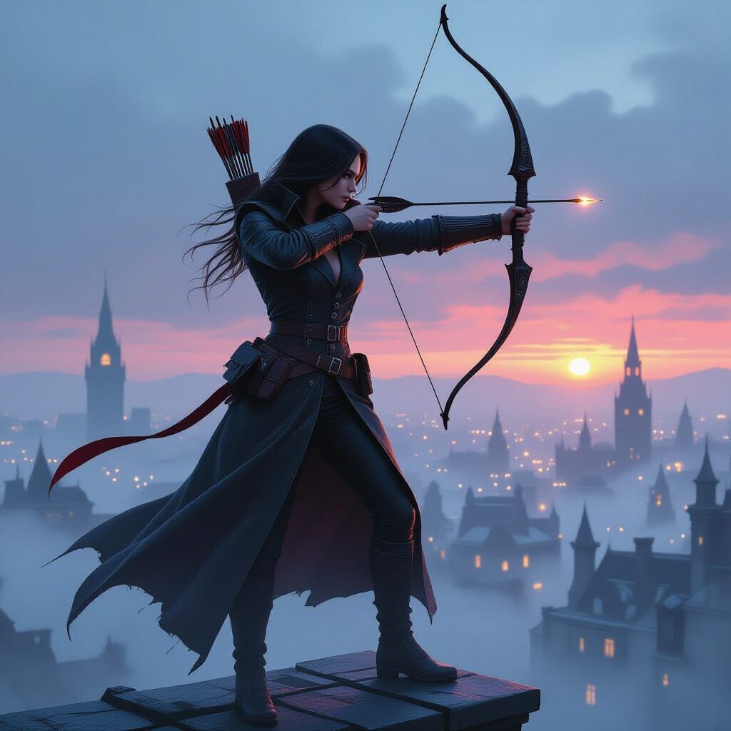 Vampire Huntress in Gothic City, Atmospheric Style