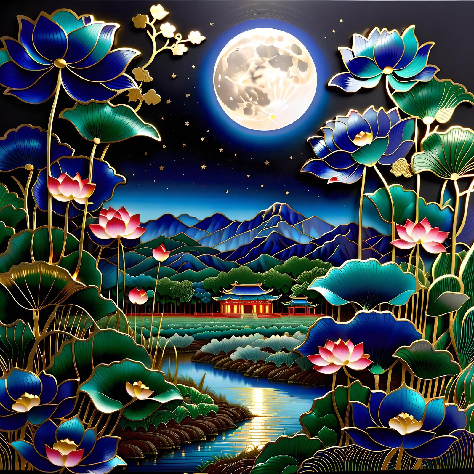 Golden Lotus Fields Under Midnight Moon