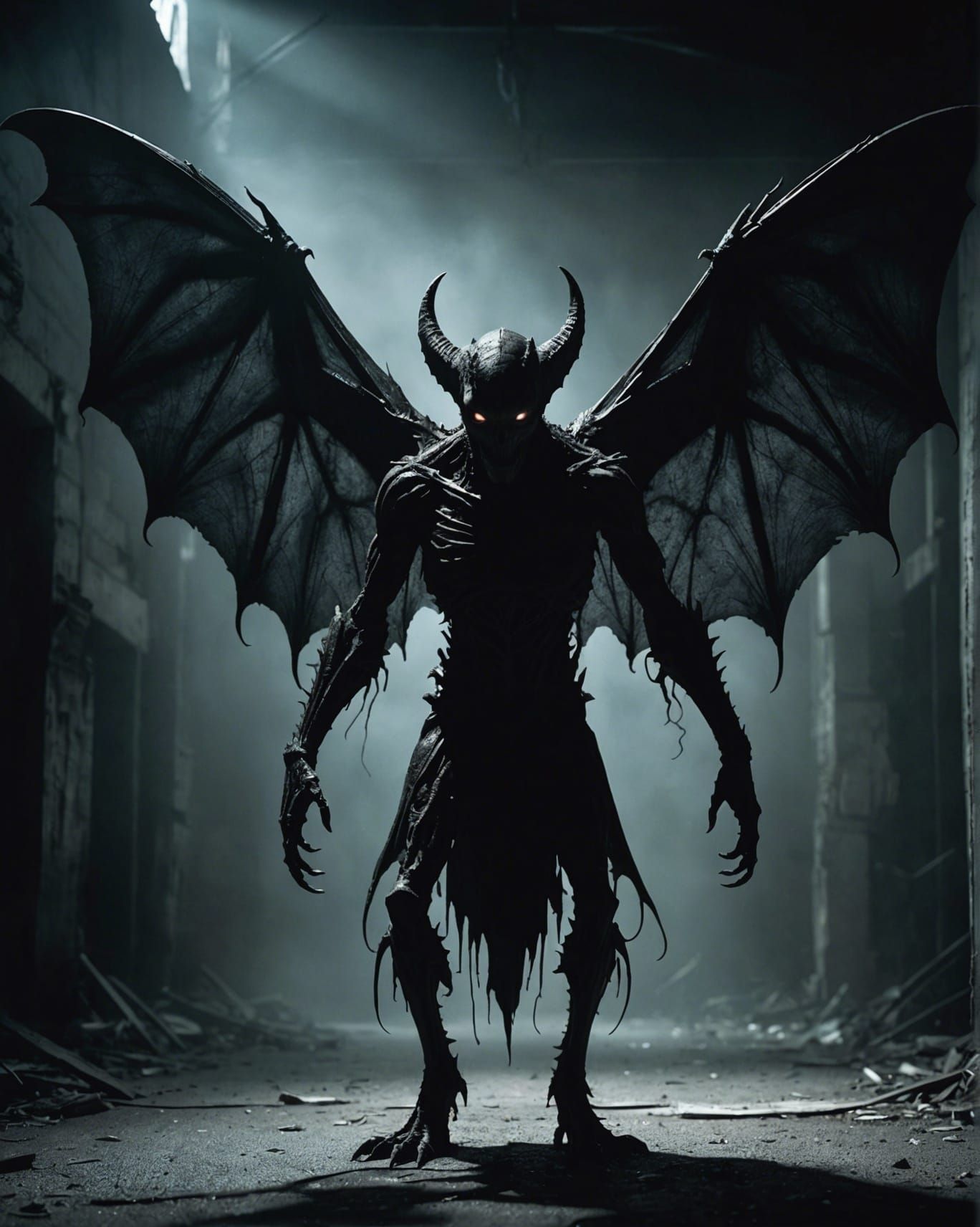 Ghastly Alien Silhouette with Tattered Wings