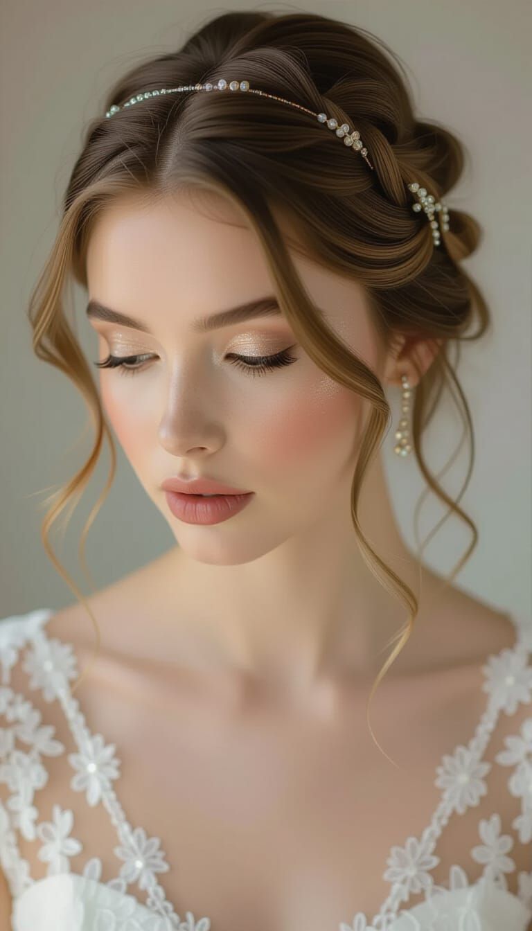 Serene Woman with Braided Blonde Hair and Golden Eyeshadow