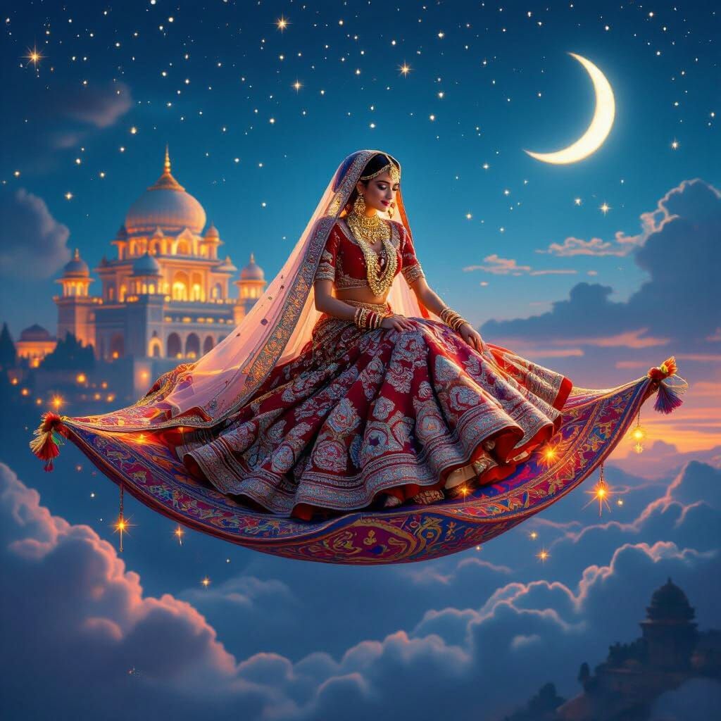 Indian Bride Levitates on Ornate Magic Carpet at Twilight