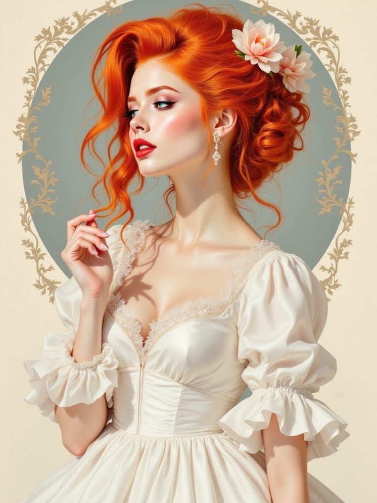 Elegant Woman in Rococo Style with Red Hair and White Dress