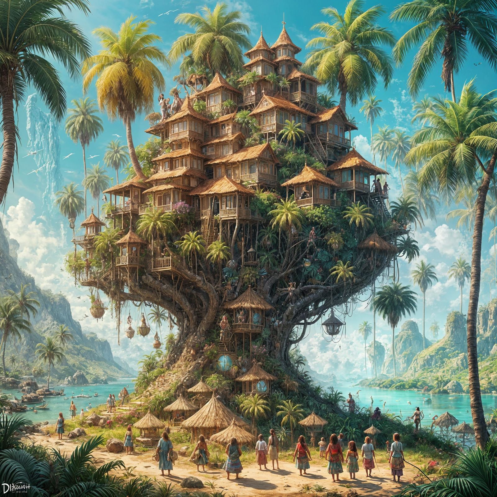 Polynesian Fairy Village in Palm Tree, Digital Art