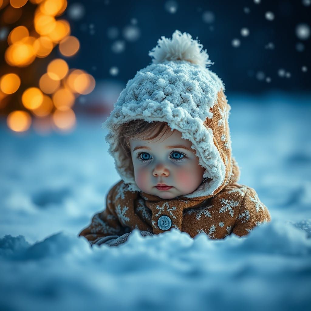 Young Child in Snow Illuminated by Vibrant Blue Lights