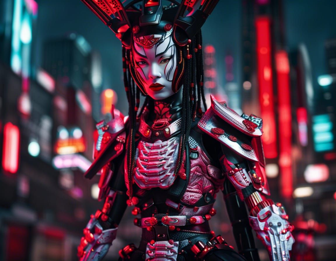 Predator Geisha in Cyberpunk Cityscape