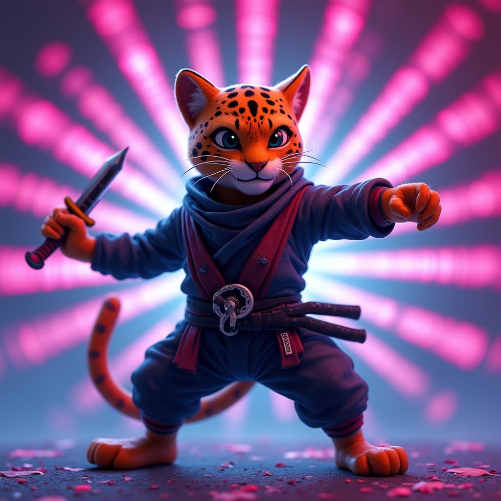 Leopard Ninja with Katana in Neon Gradient