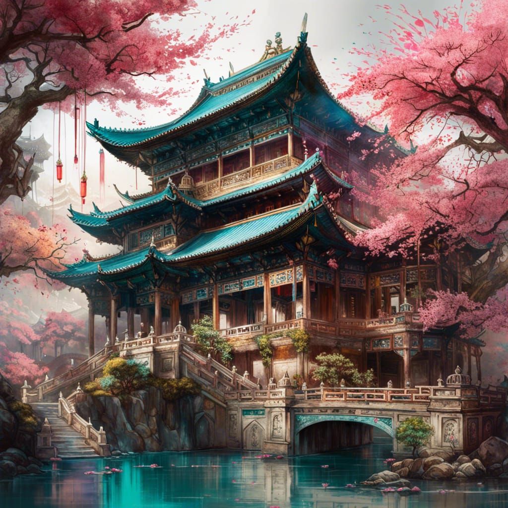 Sakura Garden Palace: Intricate Vivid Sketch Art
