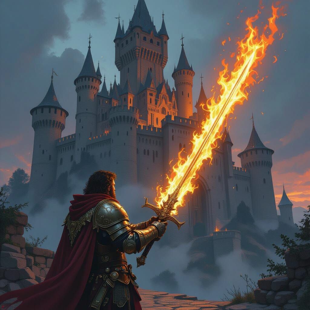 Knight with Flaming Sword Gazing at Medieval Castle