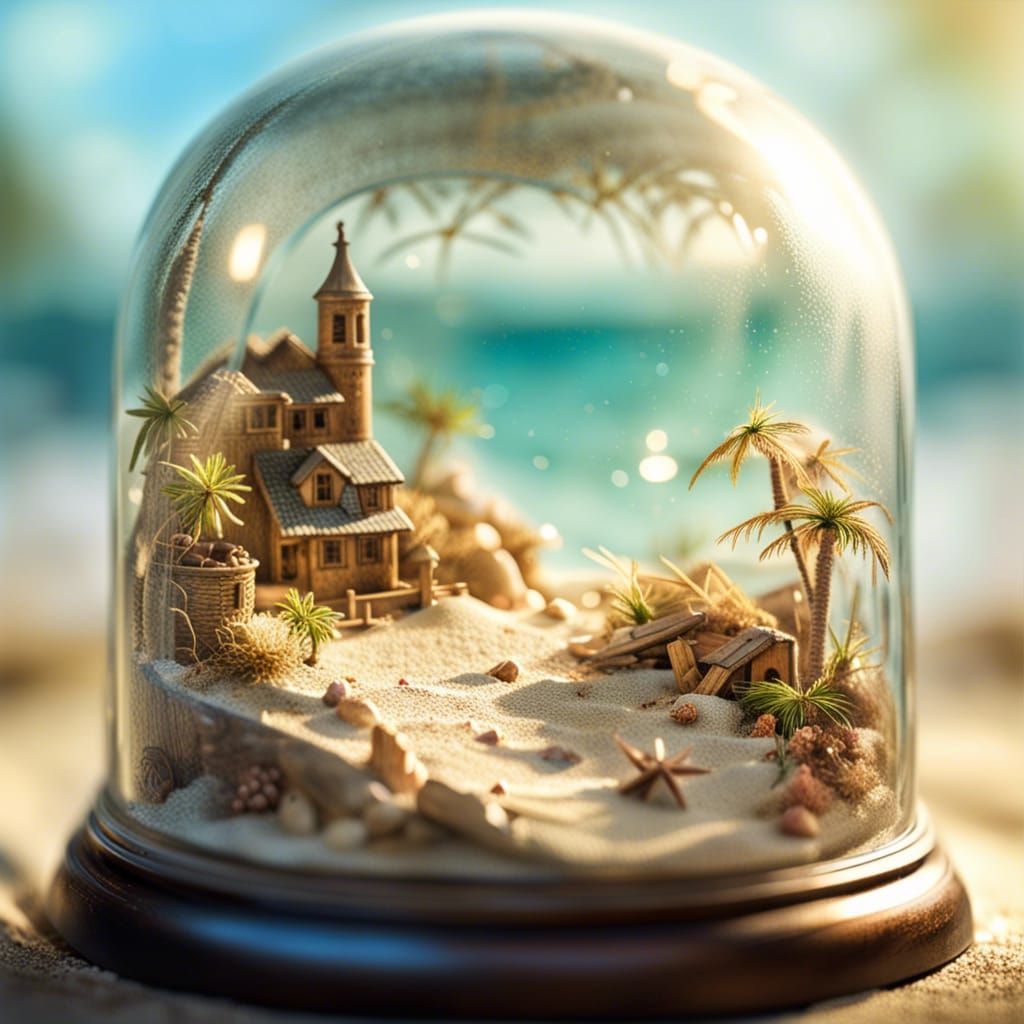 Miniature Beach Scene in Glass Bell Jar
