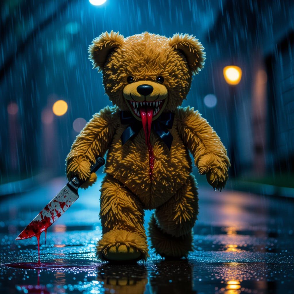 Evil Dripping Teddy Bear with Snake Tongue and Knife