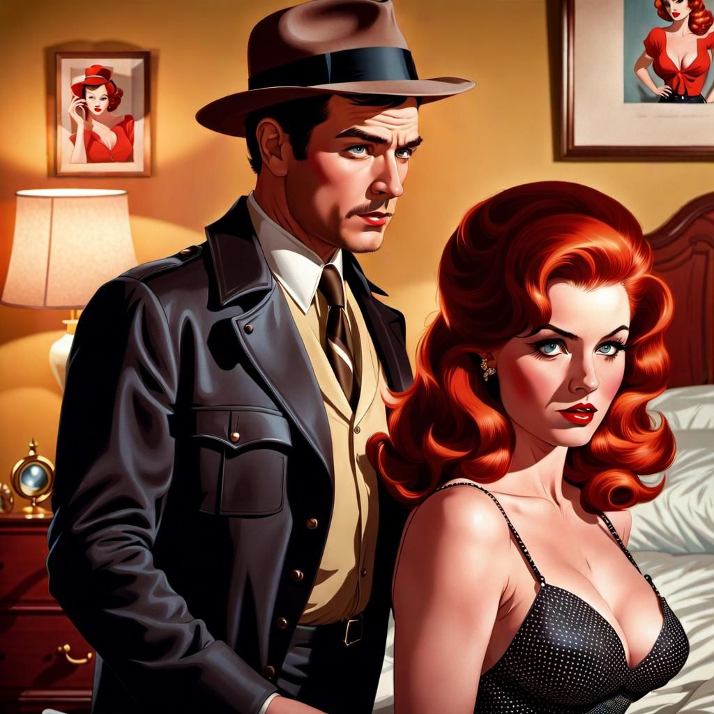Retro Male Detective Stares at Redhead Pin-Up